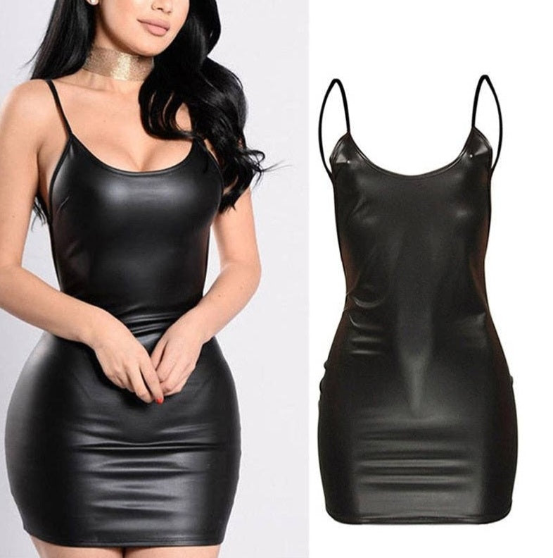 Mini vestido sexi de piel sintética sin respaldo